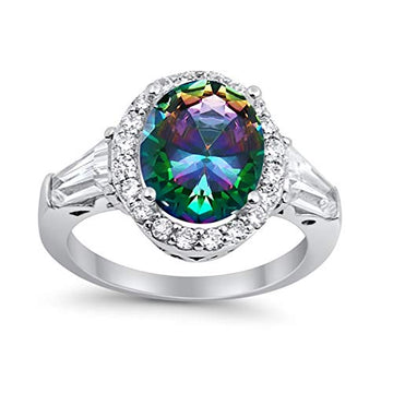 Halo Fashion Ring Baguette Simulated Rainbow CZ 925 Sterling Silver
